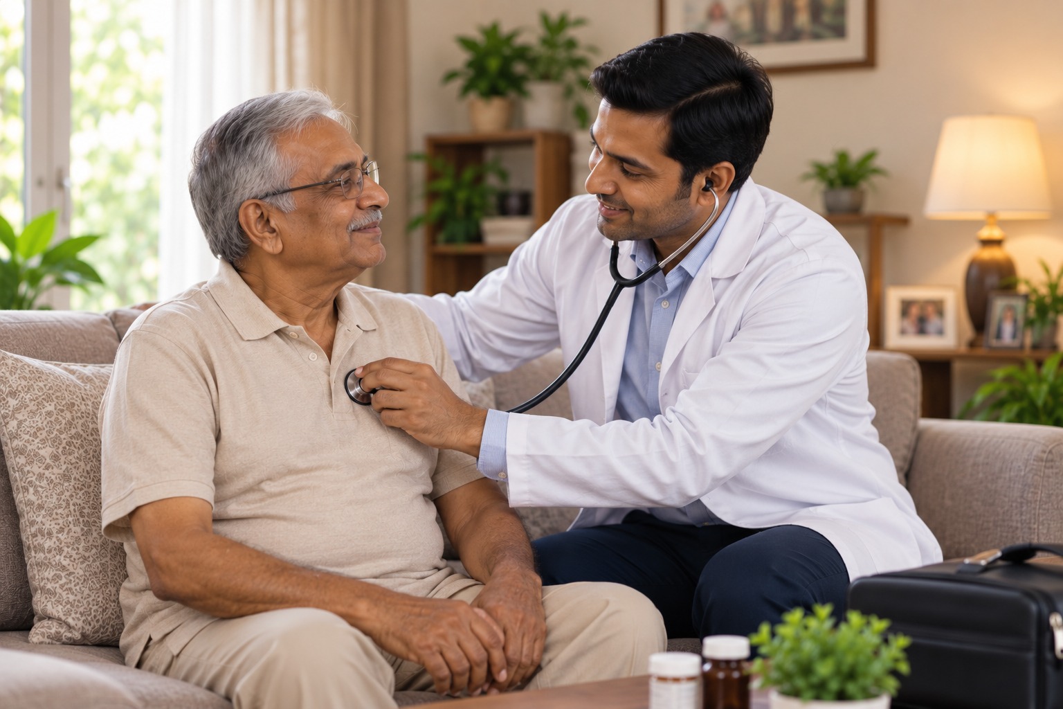 Doctor examining an elderly patient at home