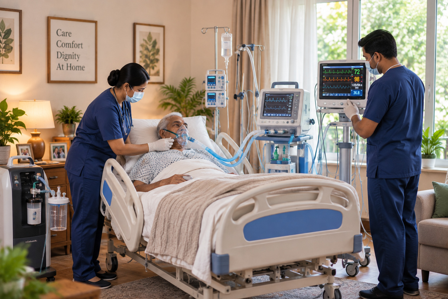ICU setup with monitoring equipment at home