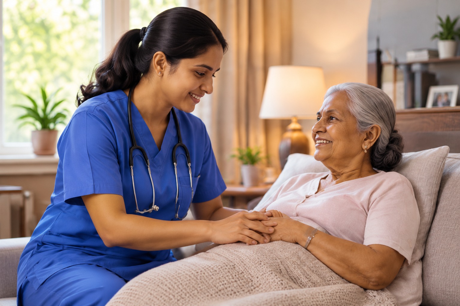 Trained attendant caring for a patient at home