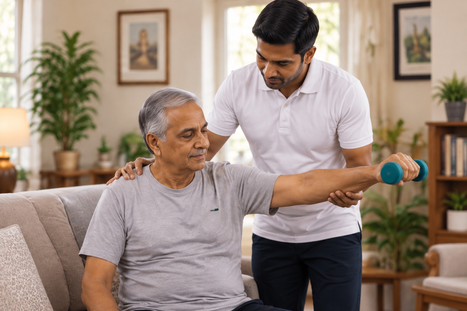Physiotherapist treating a patient at home