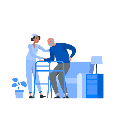 Nurse help to elderly patient for walk with walker