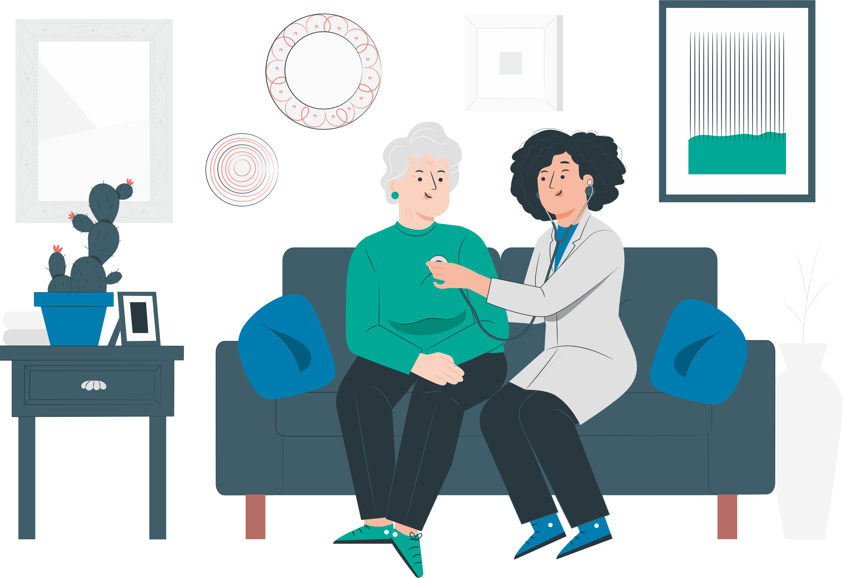 Nurse help to elderly patient for walk with walker
